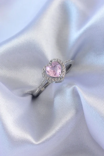 Gümüş Renk Pembe Zirkon Taşlı Kalp Charm Model Pirinç Kadın Yüzük ürün görseli 1