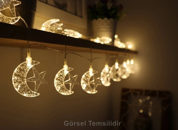 Pilli 1.5mt Hilal Yıldız Motifli Süsleme Ledi GÜNIŞIĞI Boncuk Led (2 Adet AA Pil İle Çalışır Piller Hariç) ürün görseli 1