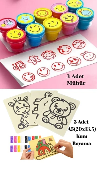 Nostaljik Oyuncak Mühür Istampa 3 Adet + Kum Boyama Seti 3 Adet A5 Boyutunda (20x13,5 cm) ürün görseli 1
