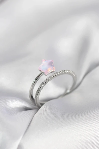Gümüş Renk Zirkon Taşlı Pembe Halley Model Kadın Yüzük ürün görseli 1
