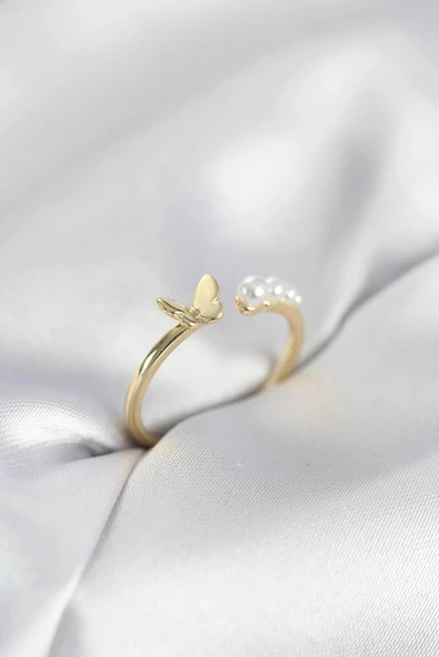İncili Kelebek Model Gold Renk Pirinç Kadın Yüzük ürün görseli 1