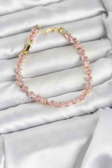 Pembe Kare Zirkon Taşlı Gold Renk Pirinç Su Yolu Kadın Bileklik ürün görseli 1