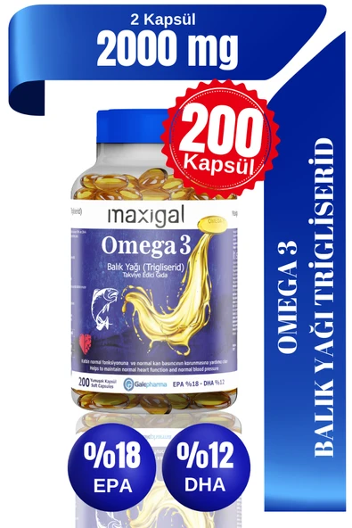 MAXİGAL Omega 3 Balık Yağı (Trigliserid) Takviye Edici Gıda 200 Kapsül ürün görseli 1