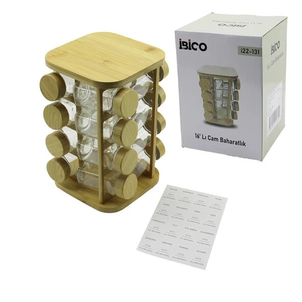 16PCS KARE - DÖNER STANDLI CAM - BAMBU KAPAK TUZLUK - BAHARATLIK BAMBU STAND GO53/01415 ürün görseli 1