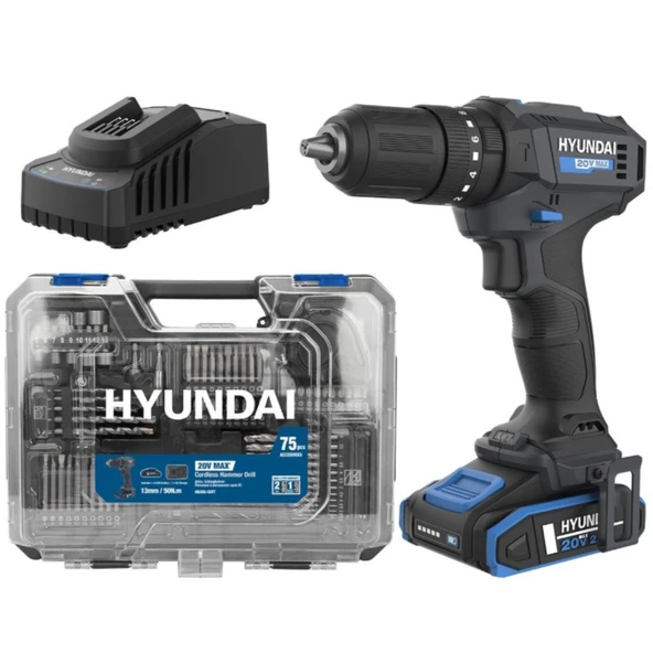 Hyundai HD20S-50TT Akülü Darbeli Matkap 20V 50Nm 13mm 2 Vites LED 75 Parça Set ürün görseli 1