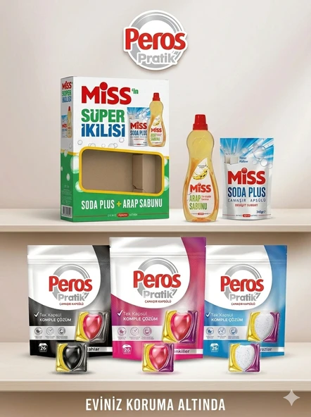 Soda Plus + Arap Sabunu & Peros Pratik 26’lı Çamaşır Kapsülü Temizlik Seti Siyahlar Renkliler Beyazlar ürün görseli 1