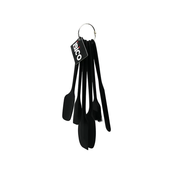 6PCS  SİLİKON - SİYAH MUTFAK SETİ 2 KAŞIK - 3 SPATULA - YUMURTA FIRÇA  METAL ASMA HALKALI GO53/01635 ürün görseli 1