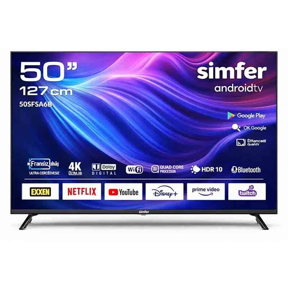 Simfer 50SFSA6B 4K Ultra HD 50" 127 Ekran Uydu Alıcılı Android Smart LED TV ürün görseli 1