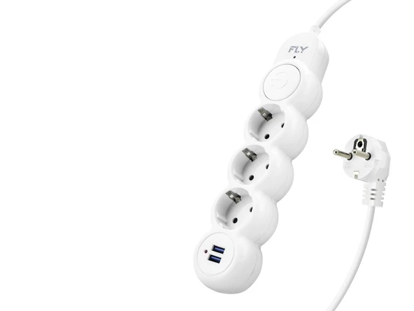 Termal Akım Korumalı Uzatma Kablosu 3 Priz + 2X Usb 2.1A Anahtarlı 2 M - Beyaz 3393-01 ürün görseli 1