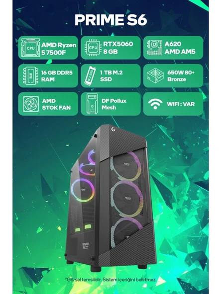 Dolgun Teknoloji AMD Ryzen 5 7500F 16GB 1TB RTX5060 W11 Oyuncu OEM Paket ürün görseli 1