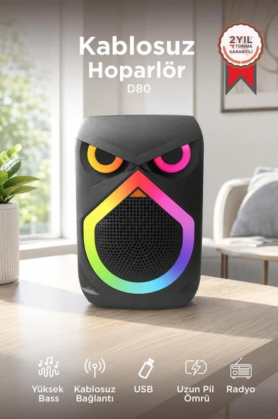 Bluetooth Hoparlör Rgb Işıklı Mikrofonlu 12W Kablosuz Taşınabilir Hoparlör D80 Siyah ürün görseli 1
