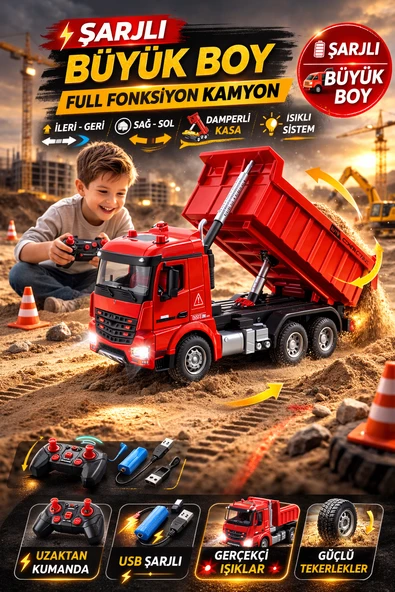 Şarjlı Büyük Boy RC Damperli İnşaat Kamyonu Uzaktan Kumandalı Işıklı Full Fonksiyon ürün görseli 1