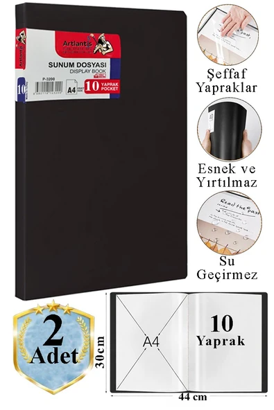 Siyah Sunum Dosyası 10 lu 2 Adet Poşet Dosyalı Katalog Dosyası 10 Poşetli Kendinden Dosya Plastik Kapaklı ürün görseli 1