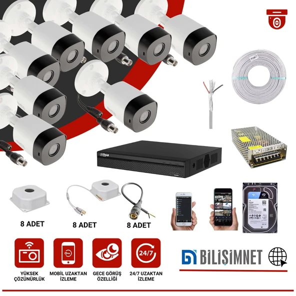 DAHUA RENKLİ 8 KAMERA AHD FULL HD GÜVENLİK KAMERASI GÜVENLİK SİSTEMİ FULL TAKIM SET 1 TB HDD ürün görseli 1