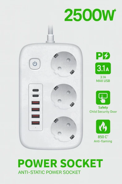 Plentiful 2500W Çoklu Priz 2 METRE – 3’lü AC Priz +5 USB Çıkışı AKIM KORUMALI Alev Almayan Gövde, ürün görseli 1