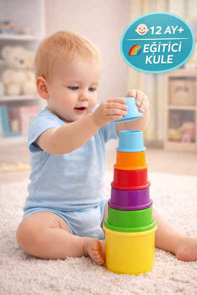 Bebek Eğitici Bardak Kule Oyunu 12 Ay+ Renkli Geçmeli Eğlenceli Kule Oyuncağı ürün görseli 1