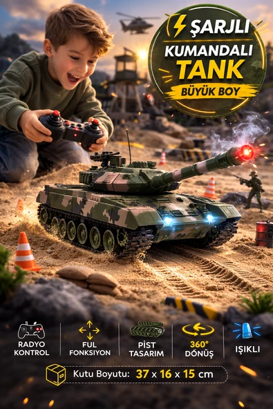 360° Döner Tank Şarjlı Kumandalı RC Kule Işıklı Paletli Radyo Kontrollü Büyük Boy Model ürün görseli 1