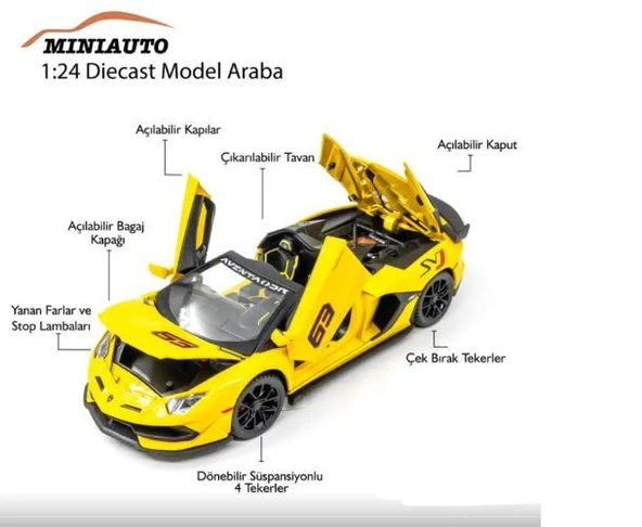 Mınıauto Lamborghini Sarı 1:24 Metal Çek Bırak Kapıları Açılan Sesli Işıklı Araba ürün görseli 1