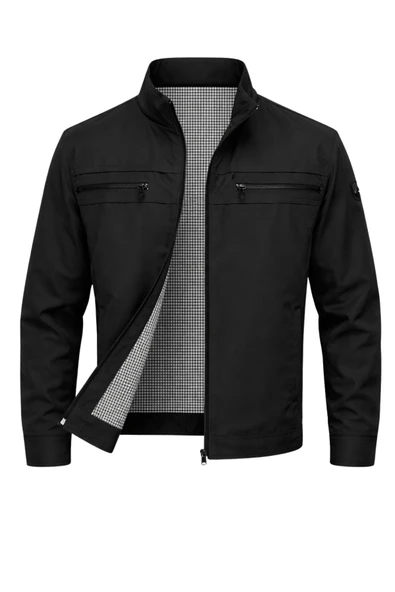 Siyah Erkek Pamuk Polyester Karışımlı Çift Göğüs Fermuarlı Su Ve Rüzgar Geçirmez Mevsimlik&Yazlık Mont ürün görseli 1
