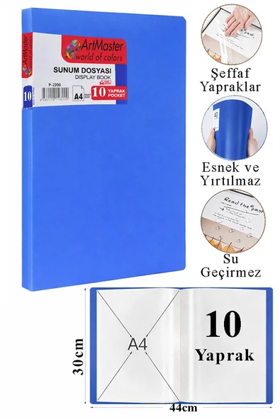 Mavi Sunum Dosyası 10 lu 1 Adet Poşet Dosyalı Katalog Dosyası 10 Poşetli Kendinden Dosya Plastik Kapaklı ürün görseli 1