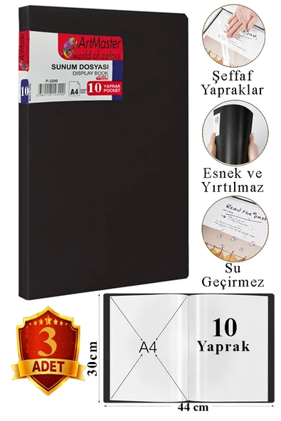 Siyah Sunum Dosyası 10 lu 3 Adet Poşet Dosyalı Katalog Dosyası 10 Poşetli Kendinden Dosya Plastik Kapaklı ürün görseli 1