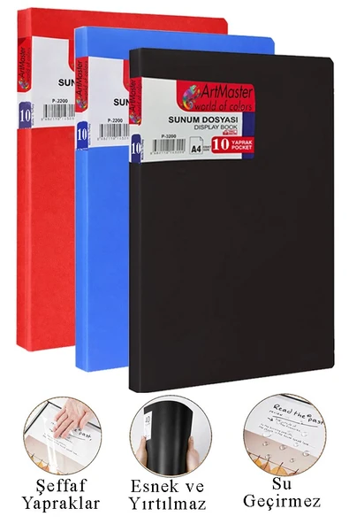 Siyah Kırmızı Mavi Sunum Dosyası 10 lu 3 Adet Poşet Dosyalı Katalog Dosyası 10 Poşetli Kendinden Dosya Plastik Kapaklı ürün görseli 1
