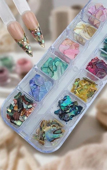 12li Sedefli İnce Deniz Kabuğu Tırnak Süsleme Charm Nail Art Charm Taşları WN-510 ürün görseli 1