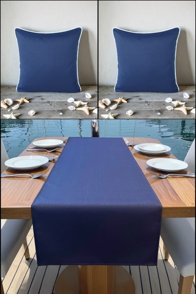 Marin Runner 145x40 ve 2’li 45x45 Kırlent Seti Su Geçirmez Outdoor Keten Tekne Bahçe Salon ve Balkon ürün görseli 1