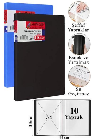 Siyah Mavi Sunum Dosyası 10 lu 2 Adet Poşet Dosyalı Katalog Dosyası 10 Poşetli Kendinden Dosya Plastik Kapaklı ürün görseli 1