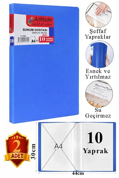 Mavi Sunum Dosyası 10 lu 2 Adet Poşet Dosyalı Katalog Dosyası 10 Poşetli Kendinden Dosya Plastik Kapaklı ürün görseli 1