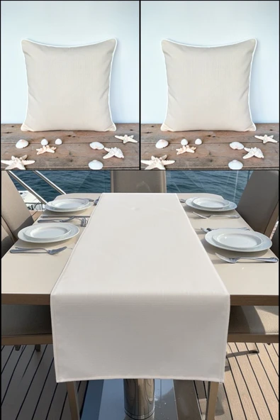 Marin Runner 145x40 ve 2’li 45x45 Kırlent Seti Su Geçirmez Outdoor Keten Tekne Bahçe Salon ve Balkon ürün görseli 1