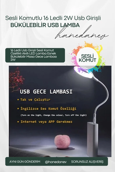 16 Ledli Usb Girişli Sesli Komut Özellikli Akıllı LED Lamba Esnek Bükülebilir Masa Gece Lambası 2W ürün görseli 1