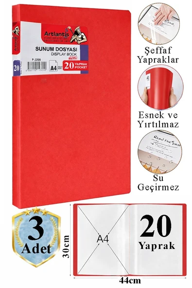 Kırmızı Sunum Dosyası 20 li 3 Adet Poşet Dosyalı Katalog Dosyası 20 Poşetli Kendinden Dosya Plastik Kapaklı ürün görseli 1