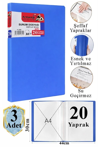 Mavi Sunum Dosyası 20 li 3 Adet Poşet Dosyalı Katalog Dosyası 20 Poşetli Kendinden Dosya Plastik Kapaklı ürün görseli 1
