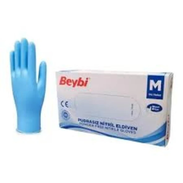 Beybi M (Medium) Beden Pudrasız Mavi Nitril Muayene Eldiveni - 100'lük Kutu ürün görseli 1