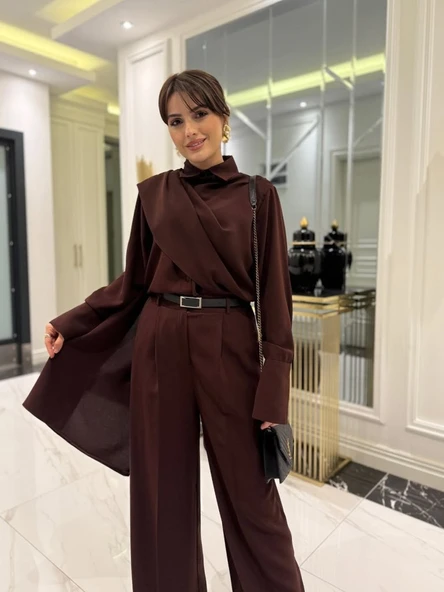 Kadın Uzun Kollu şal Detaylı Bluz Ve Pantolon Ikili Takım (kemer Dahil Değil) ürün görseli 1