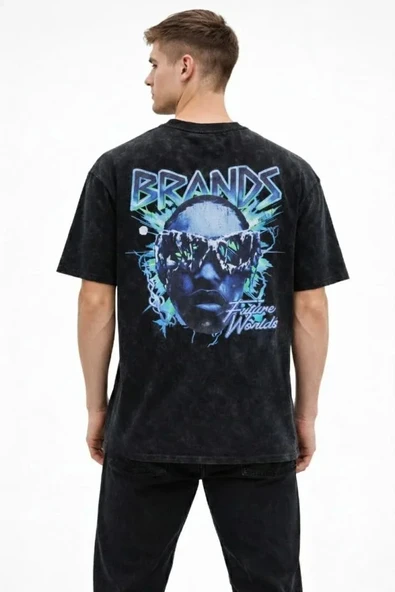 Erkek Asit Yıkamalı Oversize Tişört Future Worlds Baskılı Bisiklet Yaka Kısa Kollu Streetwear %100 Pamuk Street Style T-Shirt - Siyah ürün görseli 1