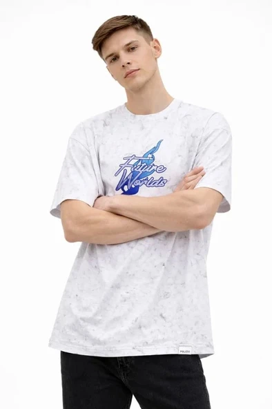 Erkek Asit Yıkamalı Oversize Tişört Future Worlds Baskılı Bisiklet Yaka Kısa Kollu Streetwear %100 Pamuk Street Style T-Shirt - Beyaz ürün görseli 1