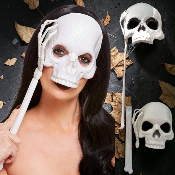 YÜKSEK KALİTE TUTMALI BEYAZ KURU KAFA MASKESİ 44X17 CM CADILAR BAYRAMI KORKU MASKESİ HALLOWEEN MASK ürün görseli 1
