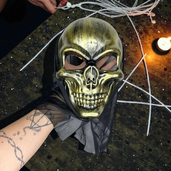 YÜKSEK KALİTE GOLD TÜLLÜ KURU KAFA MASKESİ CADILAR BAYRAMI KORKU MASKESİ SKULL HALLOWEEN MASK ürün görseli 1