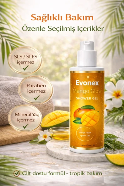 Evonex Mango Glow Duş Jeli 250 ml Mango Özlü Nemlendirici - Resim 5
