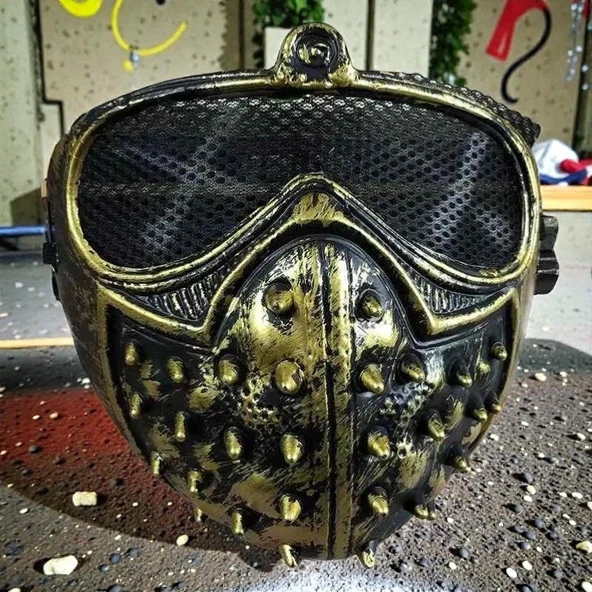 GOLD GOTİK PUNK MASKESİ CADILAR BAYRAMI KORKU MASKESİ HALLOWEEN MASK GOLD GOTİK PUNK GAZ MASKESİ ürün görseli 1