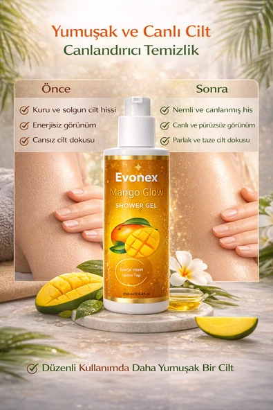 Evonex Mango Glow Duş Jeli 250 ml Mango Özlü Nemlendirici - Resim 4