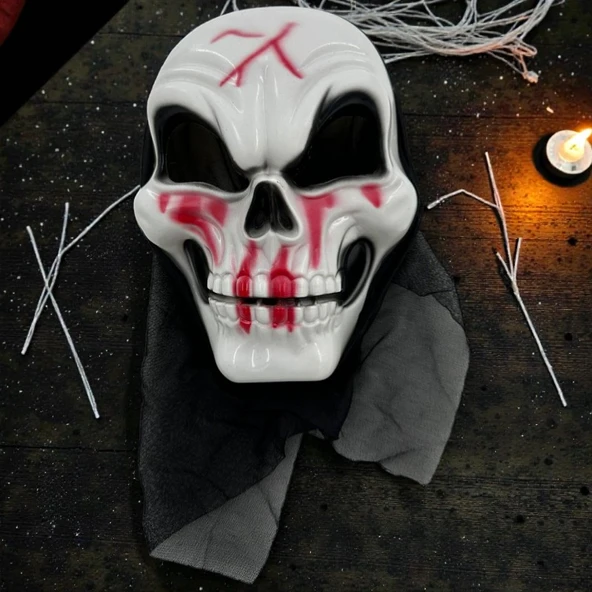 YÜKSEK KALİTE TÜLLÜ BEYAZ KANLI KURU KAFA MASKESİ CADILAR BAYRAMI KORKU MASKESİ SKULL HALLOWEEN MASK ürün görseli 1