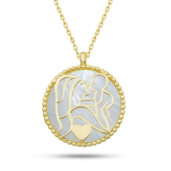 Gümüş Gold Sedef Taşlı Anne Çocuk Sevgisi Kolye ürün görseli 1