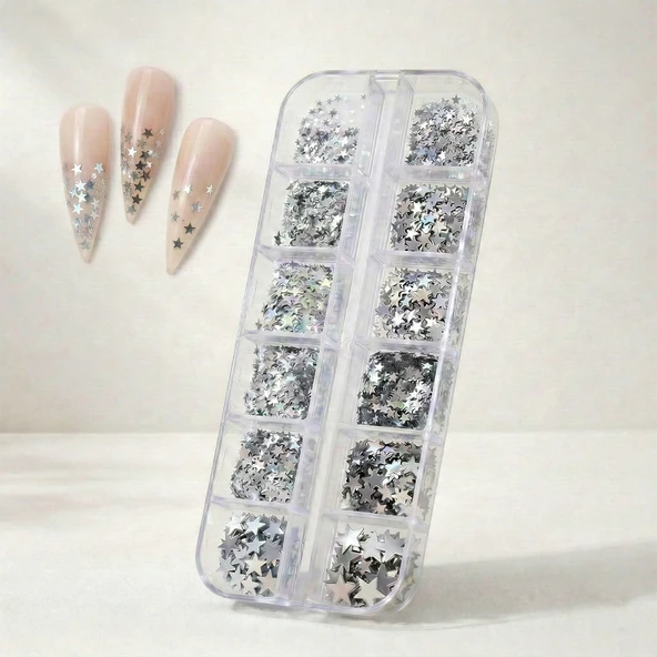 12li Gümüş Renk Tırnak Süsleme Yıldız Dizayn Folyo Pulları Nail Art WN-115 ürün görseli 1