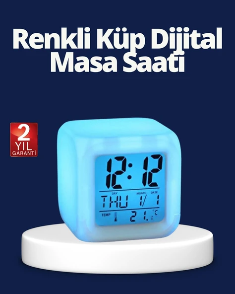 Renk Değiştiren LED Alarmlı Dijital Küp Masa Saati ürün görseli 1