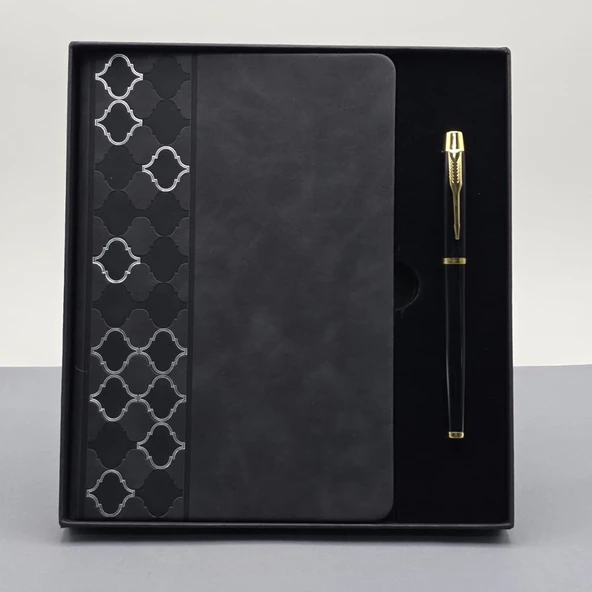 Desenli Siyah Deri Defter Kalem Set ürün görseli 1