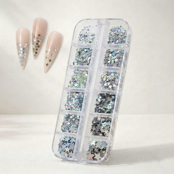 12li Holografik Gümüş Renk Yıldız Tırnak Süsleme Yıldız Dizayn Folyo Pulları Nail Art WN-114 ürün görseli 1