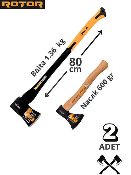 ROTOR Fiber+Ahşap Saplı 1360gr+600gr 2’li Balta Nacak Seti ürün görseli 1